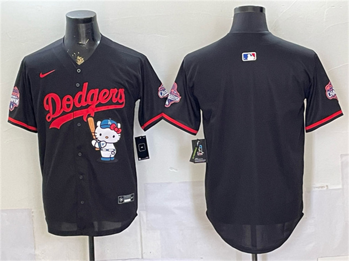 Men's Los Angeles Dodgers Blank Black Hello Kitty Night 2025 World Series Champions Patch Stitched Baseball Jersey Men's Los Angeles Dodgers Blank Black Hello Kitty Night 2025 World Series Champions Patch Stitched Baseball Jersey